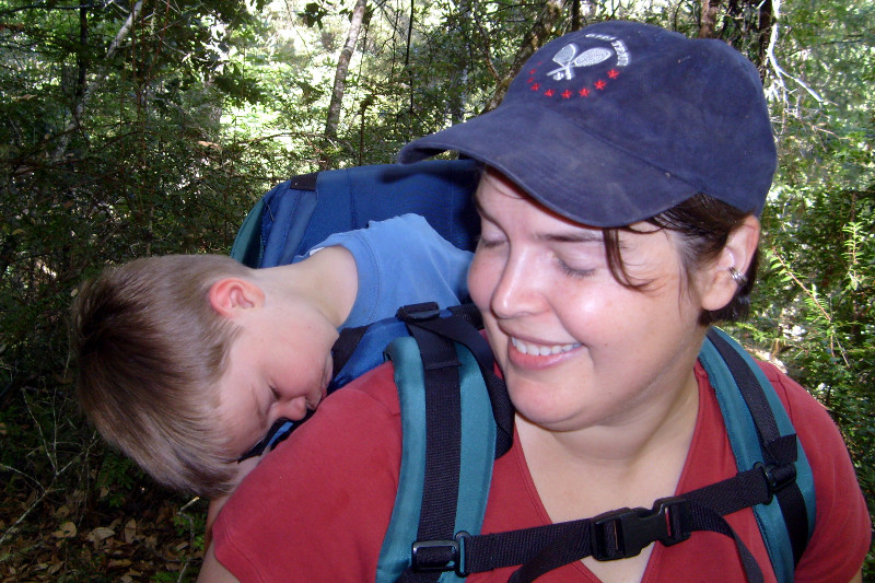 Pamela and her son, asleep on her back