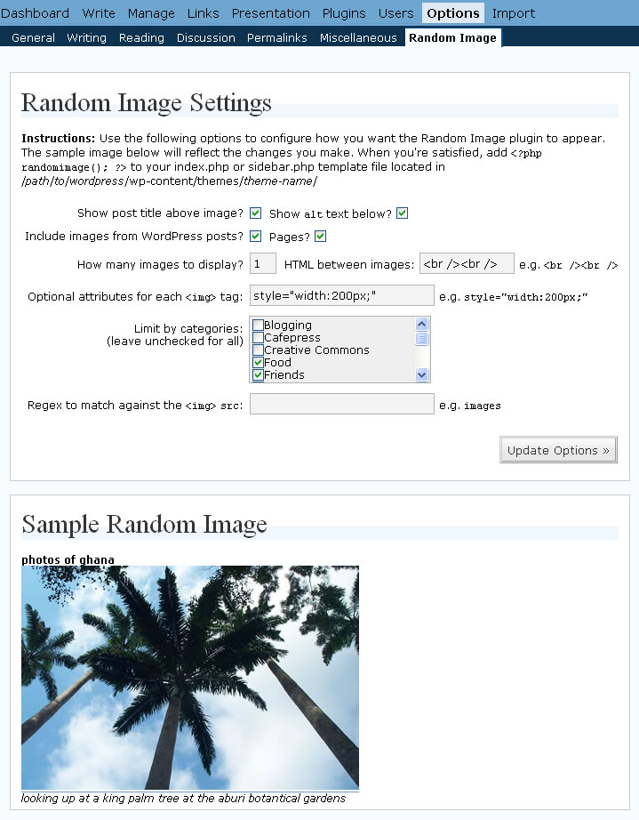 Random Image plugin for WordPress' configuration interface