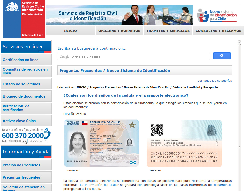 Screenshot of http://www.registrocivil.cl/ showing a sample of their new national identity cards containing a QR Code that links to justinsomnia.org