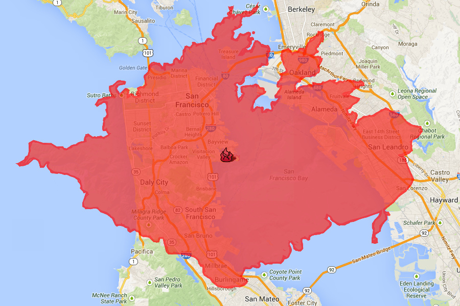 Rim Fire perimeter as of August 28, 2013, overlaid on San Francisco