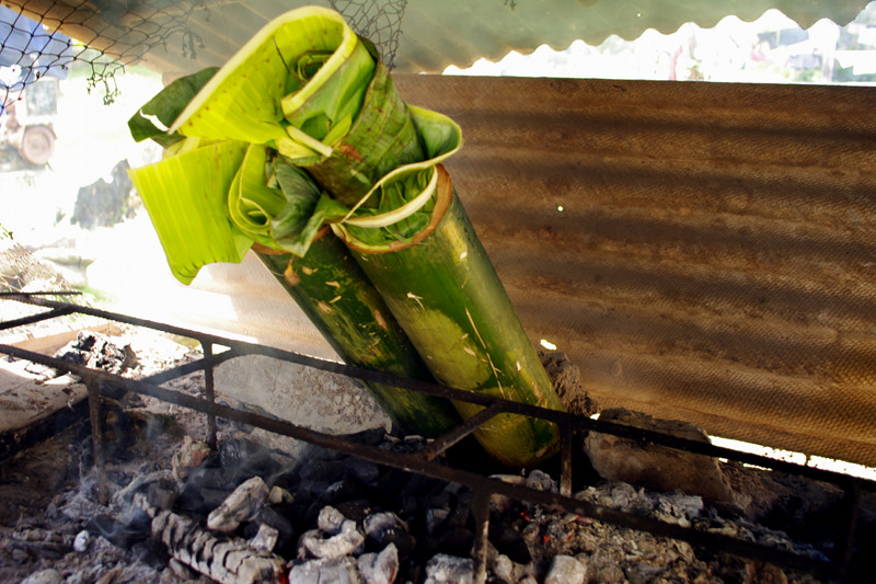 Binakol na manok in bamboo sitting over coals