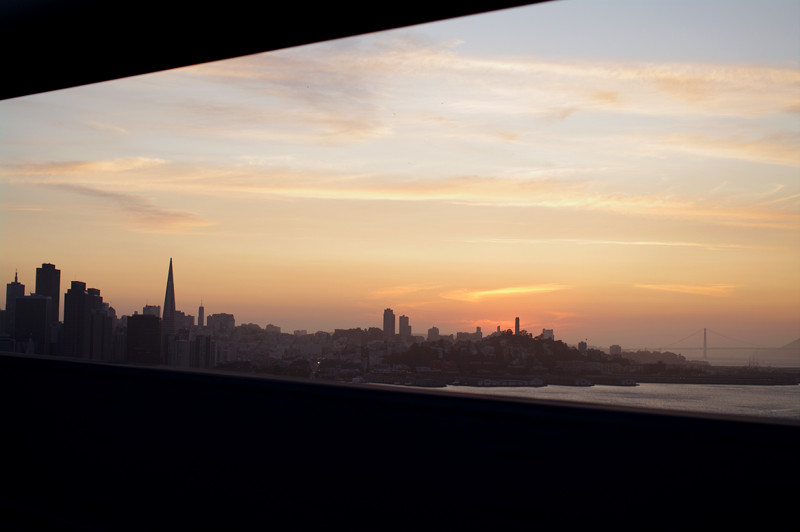 San Francisco at sunset seen through the Bay Bridge