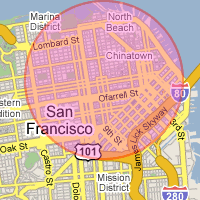 San Francisco with a 1.5 mile radius circle centered on Nob Hill