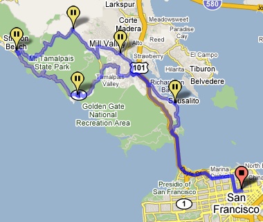 Route from San Francisco to Muir Beach to Stinson Beach to Mill Valley to Sausalito and back to San Francisco