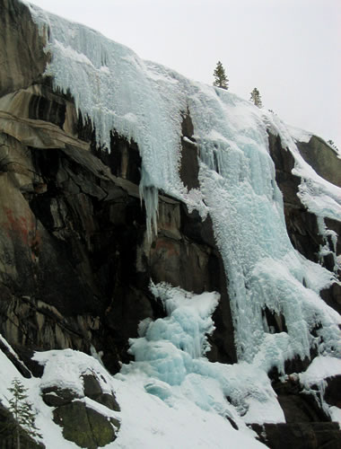 Blue ice formation to the right of Tokopah Falls in Sequoia National Park