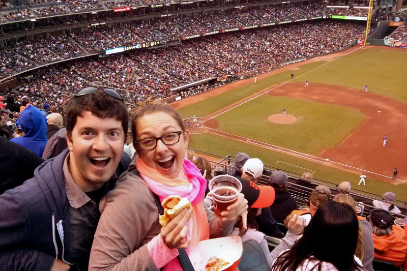 Justin with Stephanie at her first baseball game: San Francisco Giants vs Chicago Cubs
