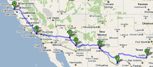 Road trip from San Francisco to Los Angeles to Phoenix to Tucson to El Paso to Big Bend to Austin