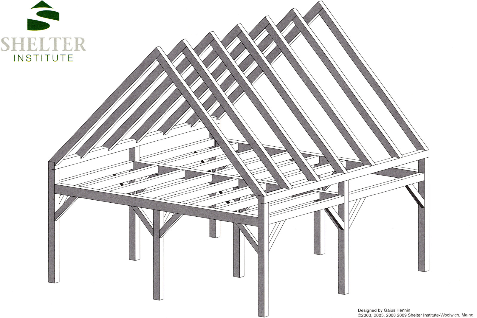 A 3D rendering of a 24×24-foot timber frame designed by Gaius Hennin for Shelter Institute's Purely Post & Beam class