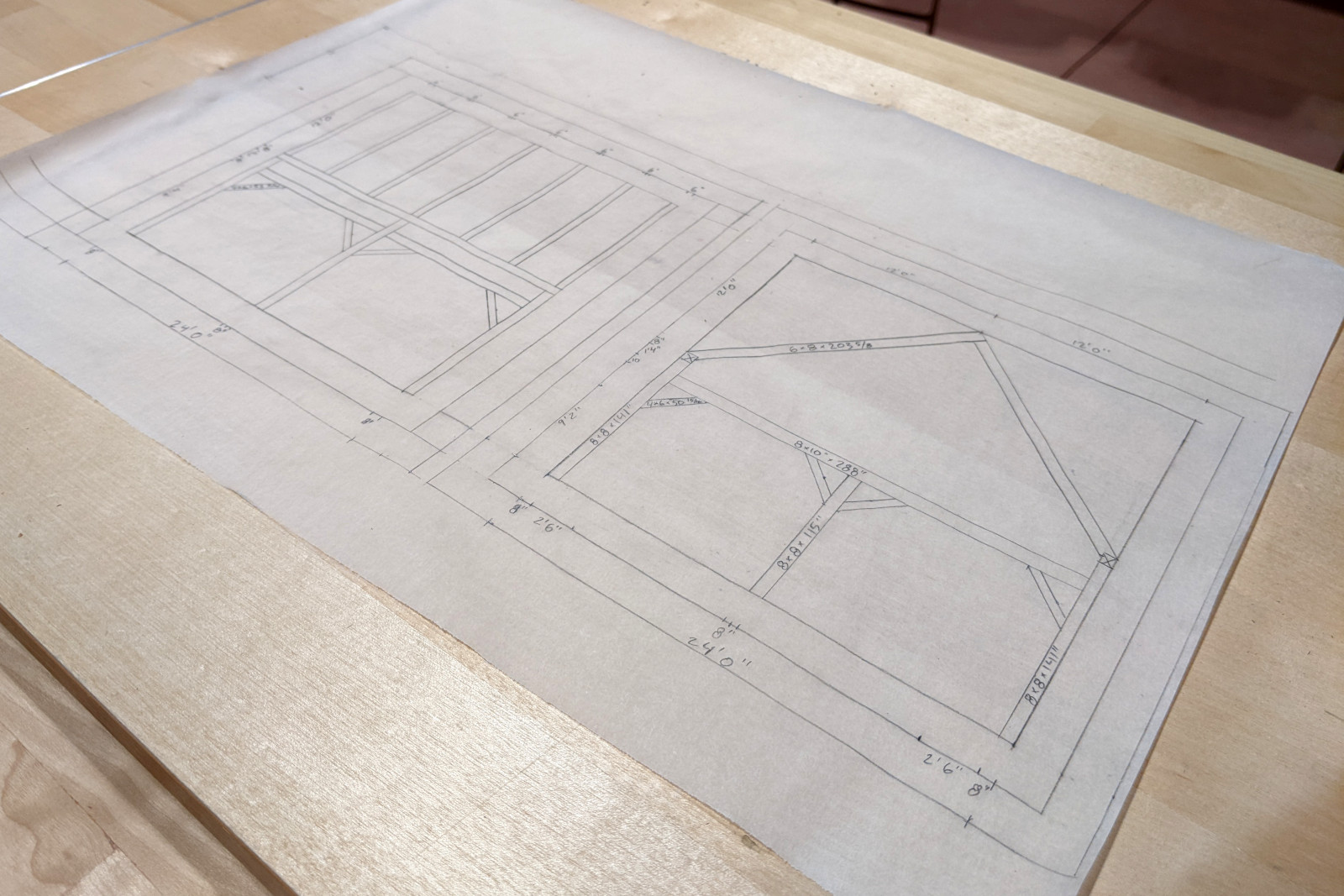 Drafting timber frame elevations on day 1 of Shelter Institute's Purely Post & Beam class