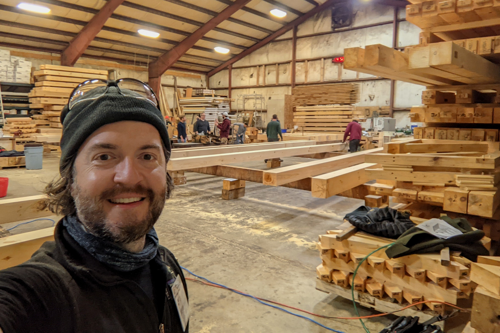 Justin in woodshop after day 1 of Shelter Institute's Purely Post & Beam class