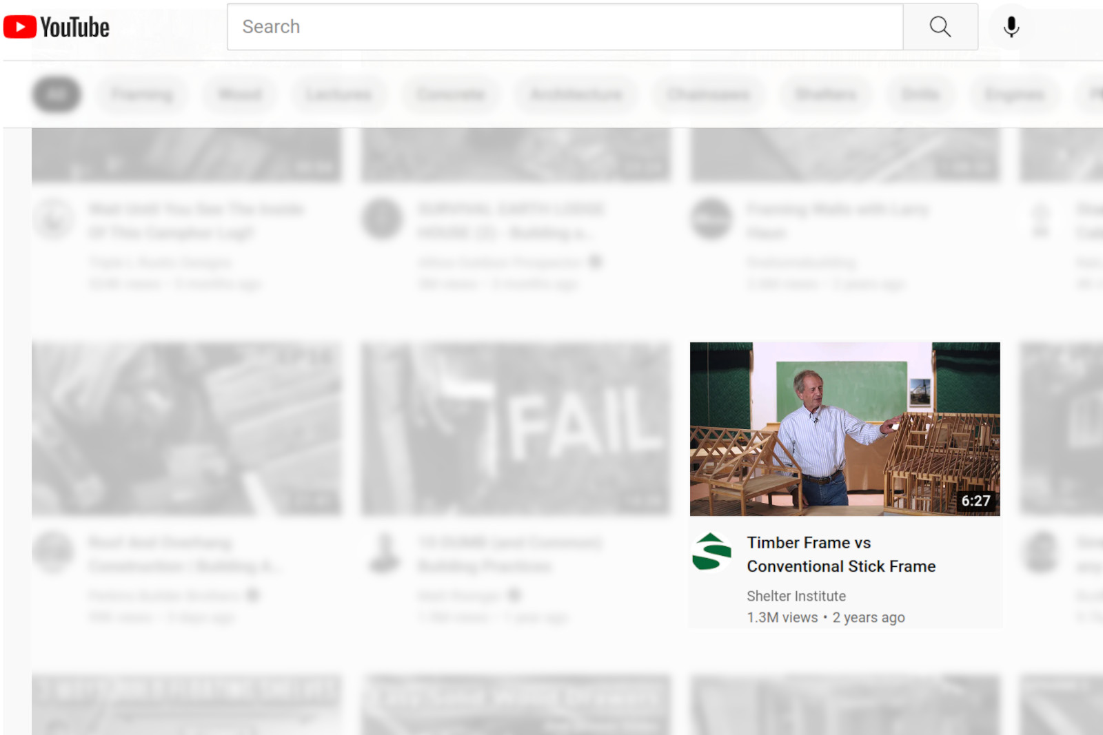 Screenshot of YouTube with Shelter Institute's 'Timber Frame vs Conventional Stick Frame' video thumbnail in focus