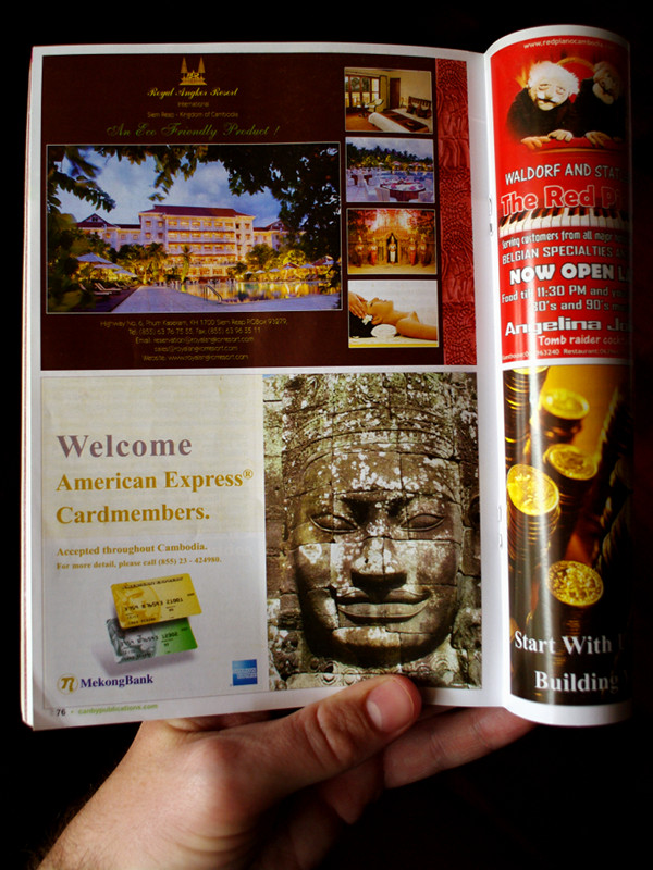 Siem Reap Angkor Visitors Guide, 36th edition, open to MekongBank ad on page 76 