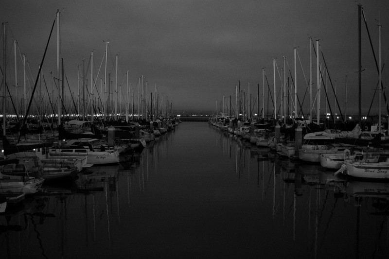 South Beach Harbor in San Francisco before dawn (black and white)