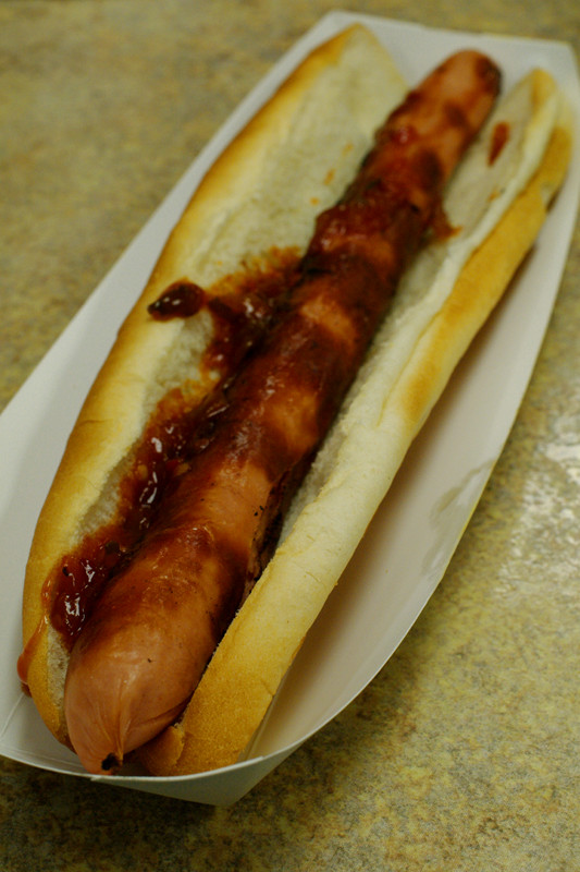 Ted's Hot Dogs foot long with famous homemade hot sauce