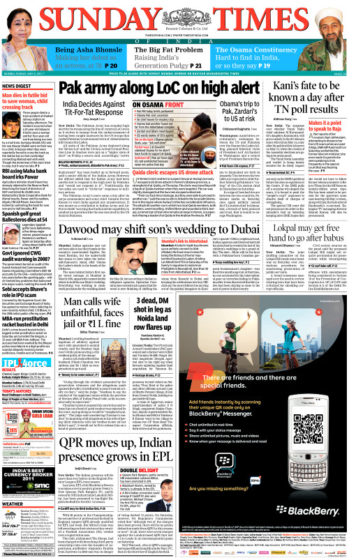 The front page of the Sunday Times of India from May 8, 2011, showing my QR Code