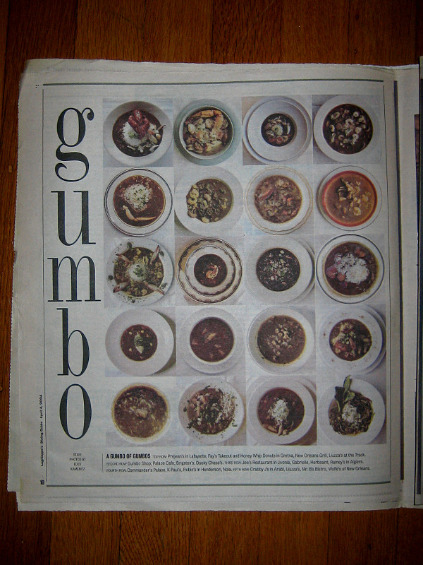 A gumbo of gumbos, from article entitled 'A Bowl of Wonder' in the Lagniappe's Dining from the New Orleans Times-Picayune