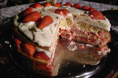 Strawberry birthday cake on the inside