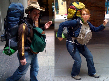 Justin and Stephanie with two backpacks a piece