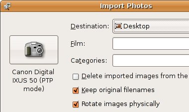 Photo importer in Ubuntu Feisty Fawn showing the new Rotate images physically checkbox