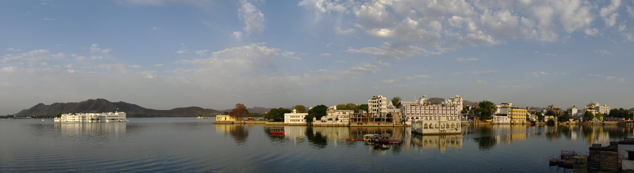 Panoramic view from our hotel room overlooking Lake Pichola in Udaipur, India