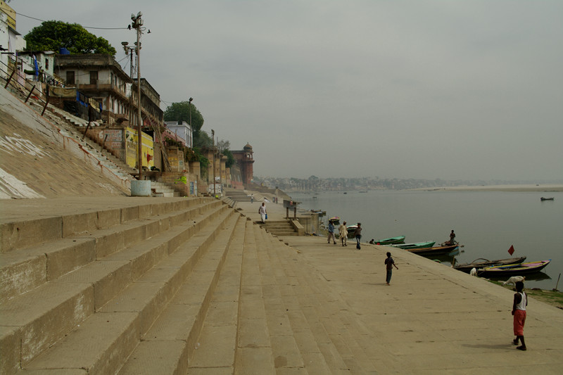 Looking down the ghats along the Ganges in Varanasi, India