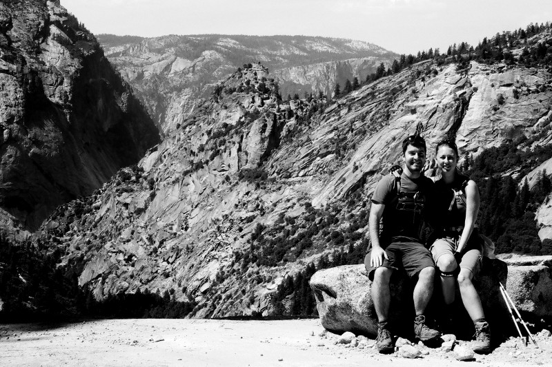 Justin and Stephanie at the top of Nevada Fall at Yosemite National Park (black and white)