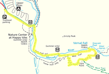 Map of Yosemite's mist trail to the Vernal Fall