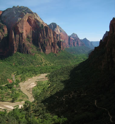 view of zion canyon national park from angel's landing trail
